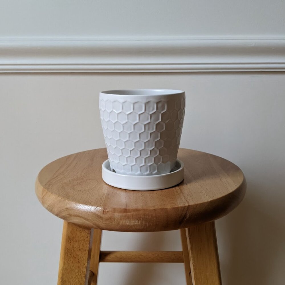 Ceramic Honeycomb Pot Planter with Saucer - White